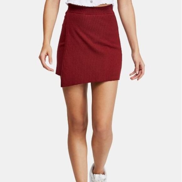 Free People Mod Faux Wrap Ribbed Mini Skirt Burgundy Size M Boho Minimalist - Picture 5 of 14